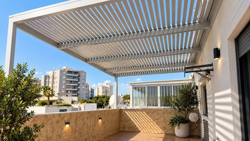 פרגולת קלאסיק לבנה במרפסת שמש