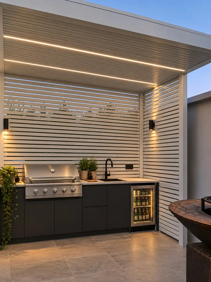 פרגולה לבנה עם תאורת LED חמה מעל מטבח חוץ בשעת ערב